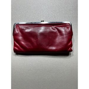 Hobo Red Leather Kiss Lock Frame Wallet Tri-Fold Clutch Silver Hardware